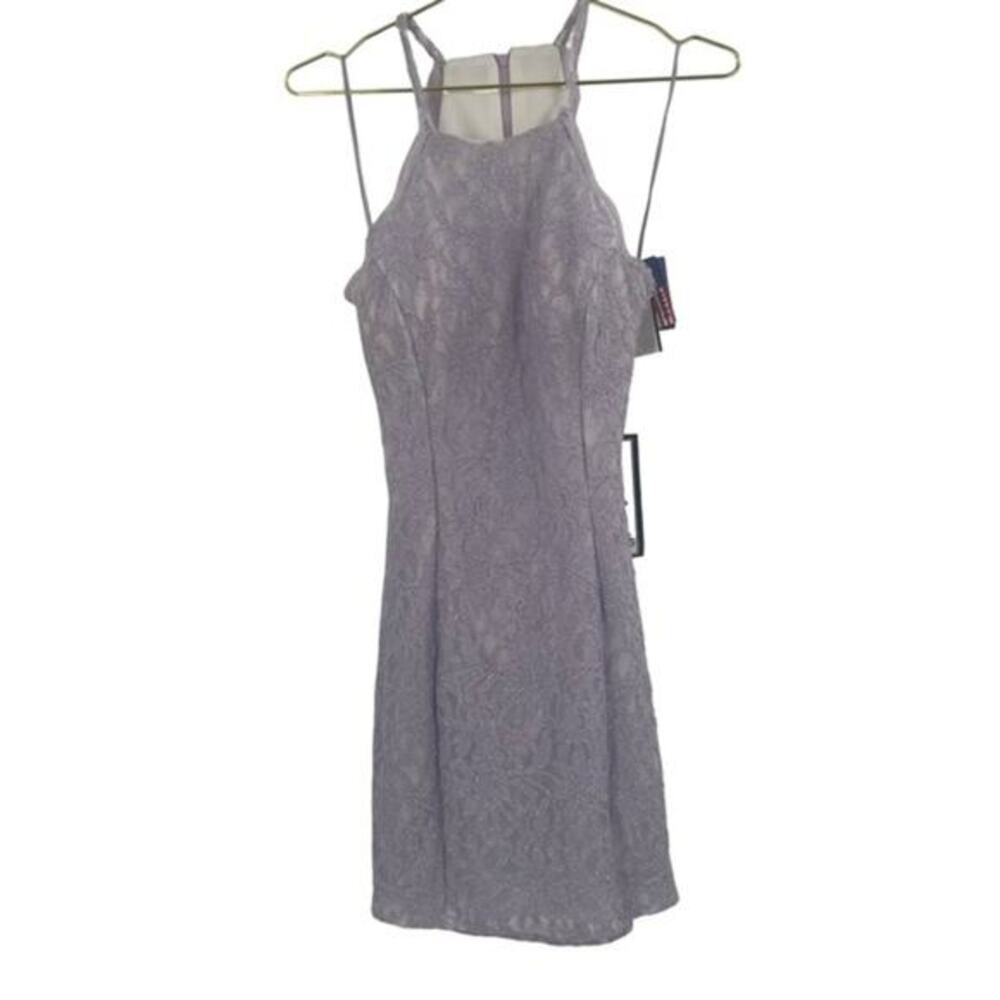 NWT Morgan & Co. Light Purple Shimmery Lace Mini Dress Cut put back size 7